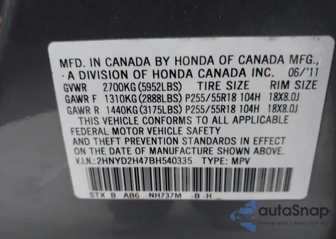 2011 Acura Mdx Technology Package z USA, uszkodzony, nr VIN 2HNYD2H47BH540335